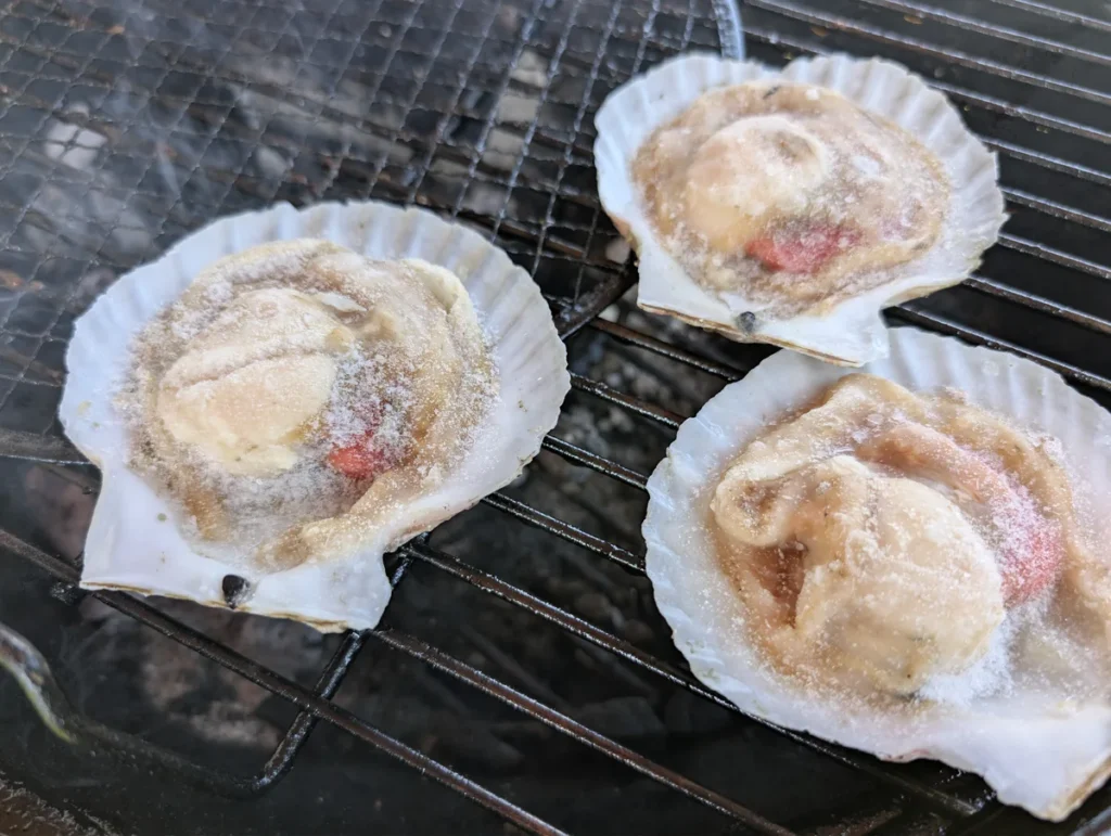 片貝ホタテ3枚を焼き網に並べた様子